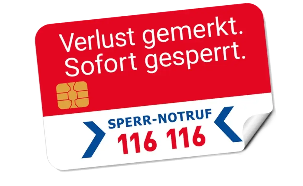 Karte mit Hinweis auf den Verlust von Karten und sofortige Sperrung, inklusive Notrufnummer 116 116 für Sperrungen.