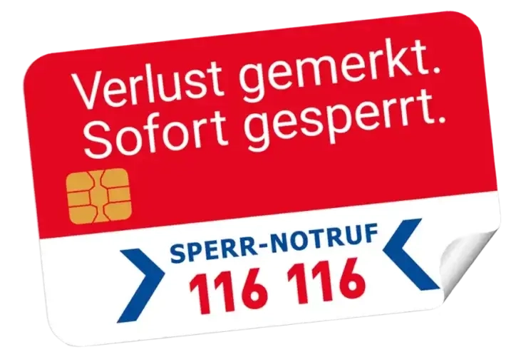 Kreditkarte mit dem Hinweis Verlust gemerkt, sofort gesperrt und der Notrufnummer 116 116 für die Sperrung von Karten.