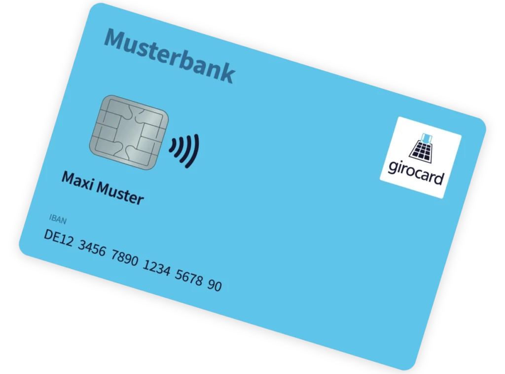 Girocard der Musterbank mit kontaktloser Zahlungsfunktion, personalisiert auf den Namen Maxi Muster, inklusive IBAN-Nummer.