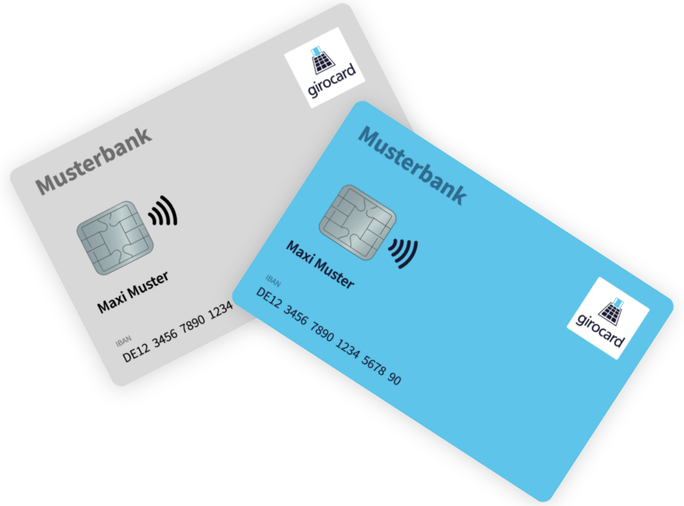 Zwei girocards der Musterbank mit dem Namen Maxi Muster, eine in grauer und eine in blauer Ausführung, beide mit Kontaktlos-Zahlungssymbol und IBAN-Nummern.
