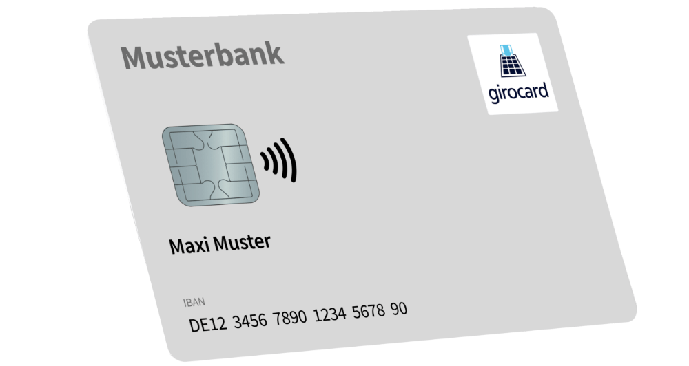 Girocard der Musterbank mit NFC-Funktion, auf der der Name Maxi Muster und die IBAN DE12 3456 7890 1234 5678 90 abgedruckt sind.