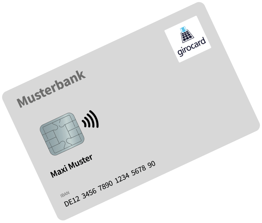 Girocard der Musterbank mit kontaktloser Zahlungsfunktion, personalisiert für Maxi Muster, inklusive IBAN-Nummer.